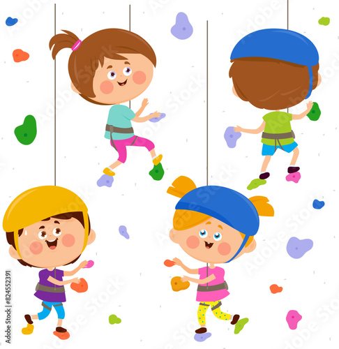 Children climbing bouldering rock wall at the sports training gym. Kids climbers with helmets and ropes climbing rock wall. Background with holds and climbing grips. Vector illustration