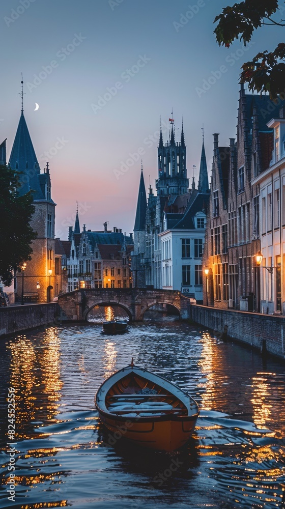 Fototapeta premium Old buildings and the big moon in European cities