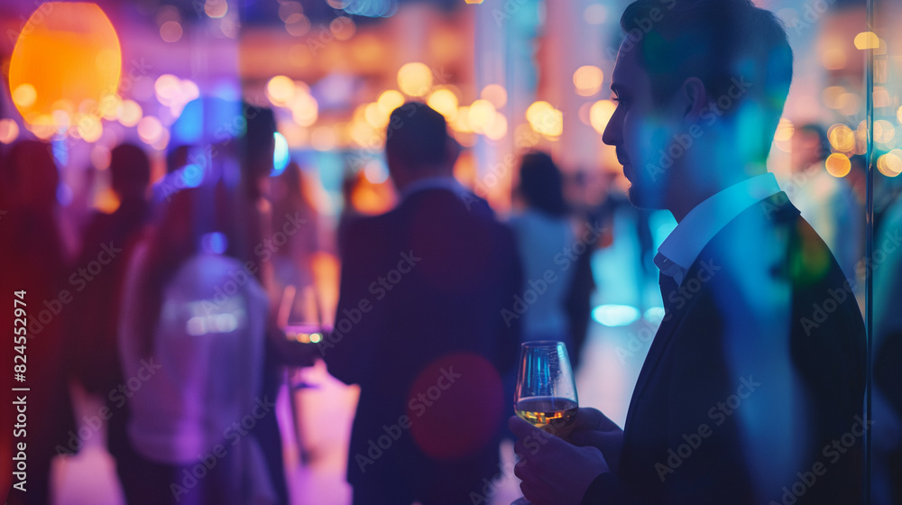 A man holding a glass of wine in a crowded area a modern office center A man holding a glass of wine in a crowded area a modern office center