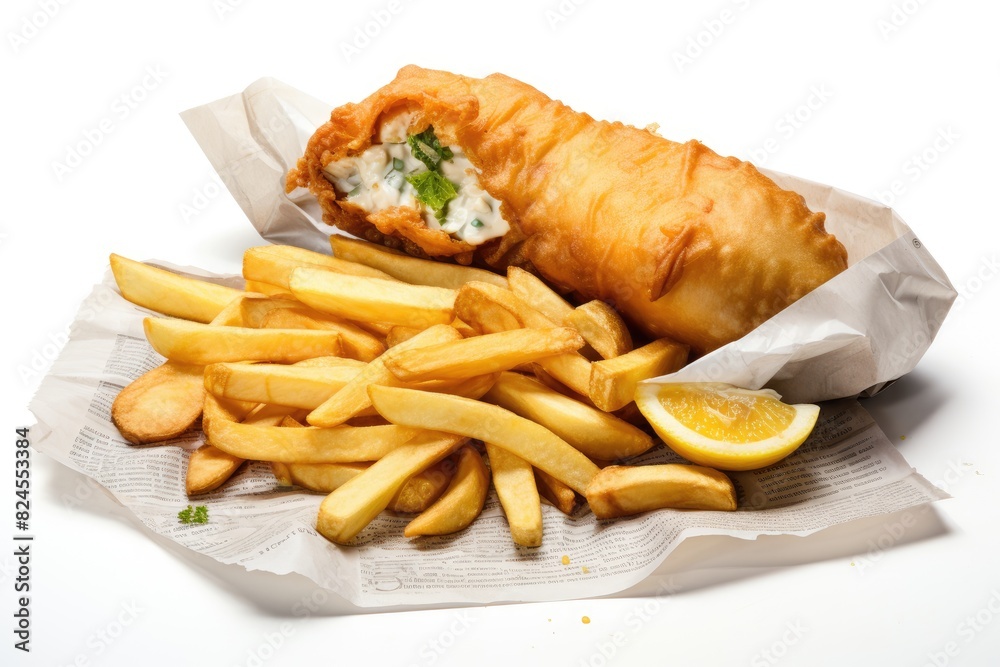 British fish and chips presented in a classic newspaper wrap. White background. British fish and chips presented in a classic newspaper wrap. White background.