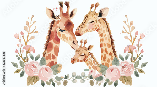 Watercolor mom and baby giraffe in flower and leaves © Geforce