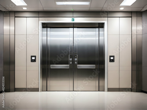 elevator in a building. door, elevator, interior, lift, office, building, architecture, room, corridor, business, metal, wall, glass, floor,Ai generated 