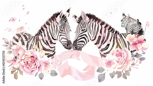 Watercolor mom and baby zebra with flowers and ribbon