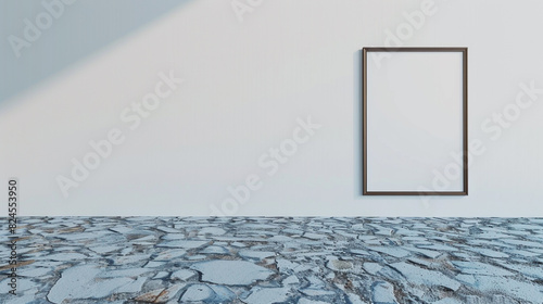 High-definition 3D mockup of an empty room with a blank frame on a white wall and a bluestone floor. Realistic render. photo