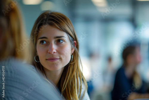 Wallpaper Mural Soft-focus shot of a woman engaged in conversation with blurred coworkers, depicting professional interaction and communication. Torontodigital.ca
