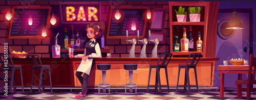 Pub interior with woman waiter standing near bar counter. Cartoon vector cafe or night club inside with wooden stand with beer dispenser, stools, bottles with alcohol drinks on wall shelves.