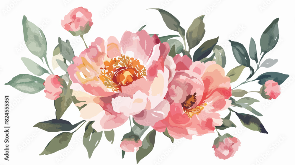 Watercolor pink peony bouquet flowers arrangement isolated on white background