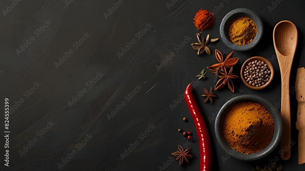 a realistic slat background ,view from above, on the left site kitchen tools and spices a realistic slat background ,view from above, on the left site kitchen tools and spices