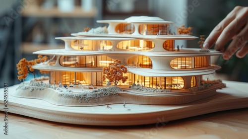 A detailed model of a house is showcased on a wooden table