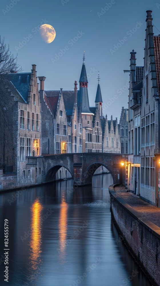 Fototapeta premium Old buildings and the big moon in European cities