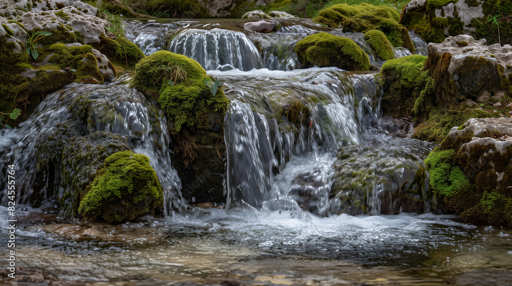 The water of a mountain stream flows clean and transparent over a rocky waterfall surrounded by stone boulders covered with moss, creating a magical landscape full of charm and harmony. The water of a mountain stream flows clean and transparent over a rocky waterfall surrounded by stone boulders covered with moss, creating a magical landscape full of charm and harmony.