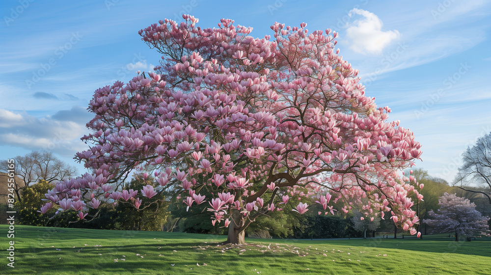 There is a beautiful magnolia tree in full bloom in the park, displaying delicate pink flowers that contrast beautifully with the blue of the open sky, creating a picturesque landscape.