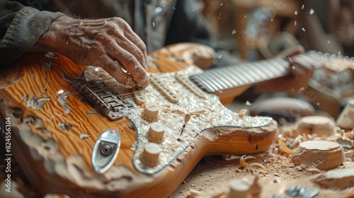 A person playing a wooden guitar photo