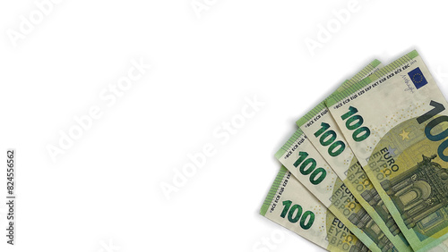 Four 100€ bills. Euro: 400 euro. Europian money. EU money. Isolated on white horizontal background. 