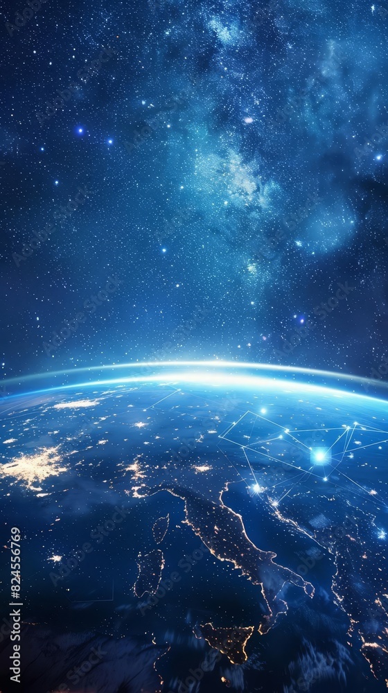 A breathtaking view of Earth from space, showcasing city lights against a backdrop of the starry Milky Way galaxy.