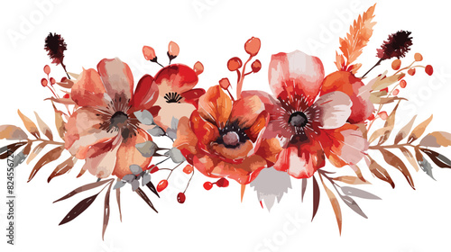 Watercolor red scarlett floral bouquet fall isolated on white background photo