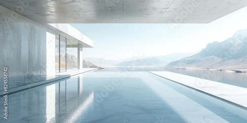 A large swimming pool under the clear sky with a towering mountain in the background © VAshowcase