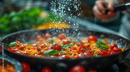 Stirring fresh pasta and colorful vegetables in a sizzling wok, adding a sprinkle of seasoning