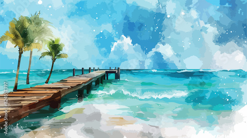 Watercolor seascape old dock turquoise waves palms