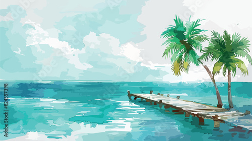 Watercolor seascape old dock turquoise waves palms