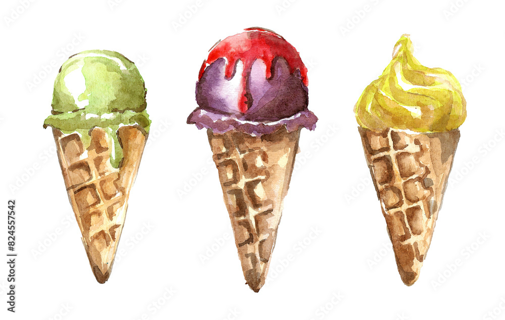 Refreshing desserts. A set of ice cream in waffle cones. Fruity lemon, berry purple and pistachio buttercream ice cream. Hand drawn watercolor painting on white background for your design Refreshing desserts. A set of ice cream in waffle cones. Fruity lemon, berry purple and pistachio buttercream ice cream. Hand drawn watercolor painting on white background for your design