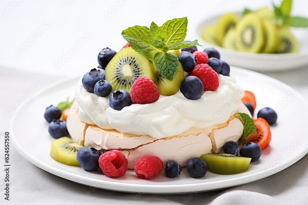 Australian pavlova adorned with whipped cream and fruit. White background. Australian pavlova adorned with whipped cream and fruit. White background.