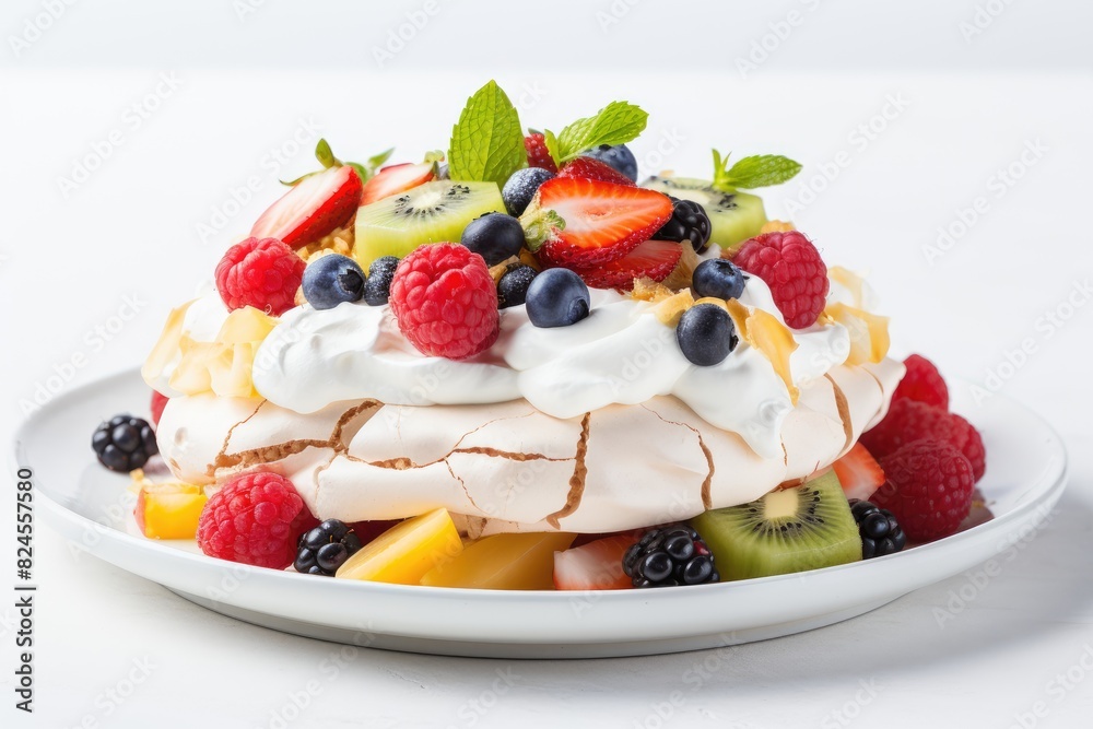 Australian pavlova adorned with whipped cream and fruit. White background. Australian pavlova adorned with whipped cream and fruit. White background.
