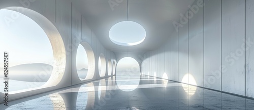 A room featuring round windows and a concrete floor