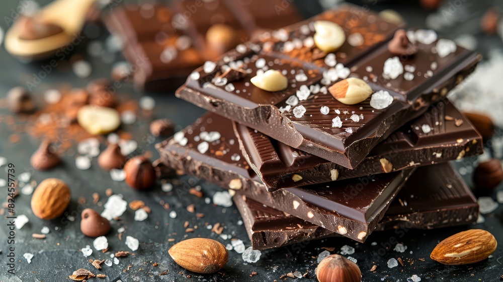 Artisan dark chocolate bars sprinkled with sea salt, almonds, and hazelnuts, (selective focus), luxury treat theme, vibrant, Overlay, elegant kitchen backdrop