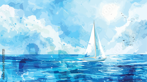 Watercolor seascape sailing boat sail backdrop hand