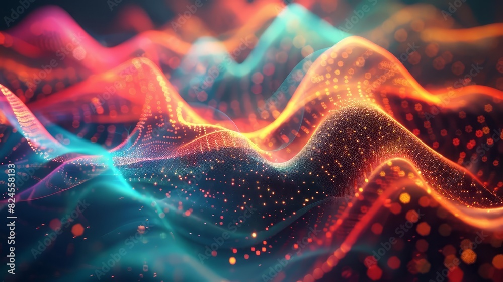 Colorful abstract digital wave pattern with glowing particles, representing data, technology, and futuristic design concepts. Colorful abstract digital wave pattern with glowing particles, representing data, technology, and futuristic design concepts.