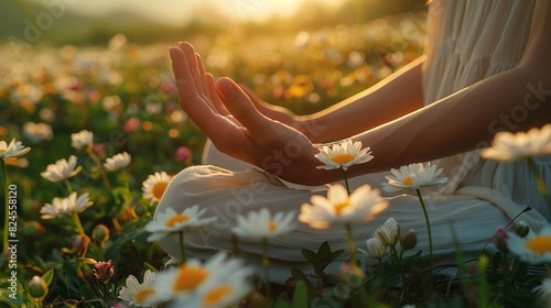 A woman sits cross-legged in a field of daisies, eyes closed in meditation photo