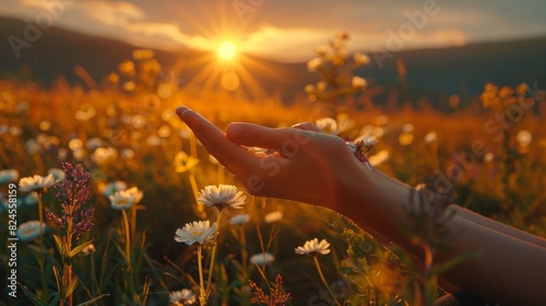 A person extending their hand amidst a field of vibrant flowers, connecting with nature in a serene setting photo
