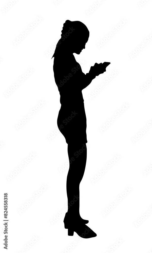 Silhouette of a standing woman hold smartphone, vector illustration Silhouette of a standing woman hold smartphone, vector illustration