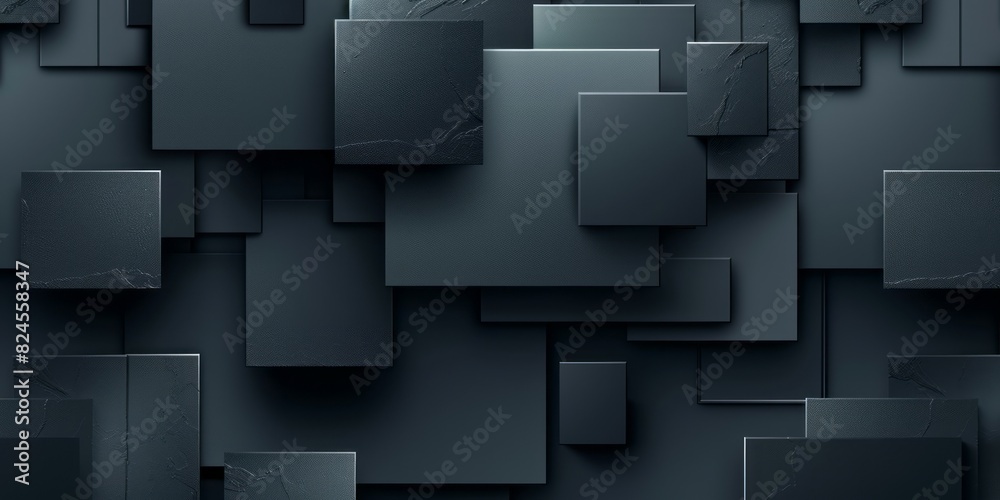 Geometric shapes, squares, and rectangles in varying sizes arranged in an abstract pattern on a black background Geometric shapes, squares, and rectangles in varying sizes arranged in an abstract pattern on a black background