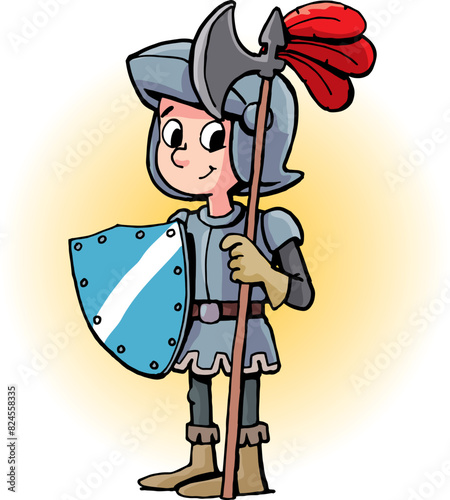 boy guard in armor guards with a halberd