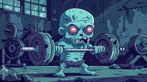 Cartoon zombie lifting weights in a gym featuring a dark and eerie workout environment with spooky details.