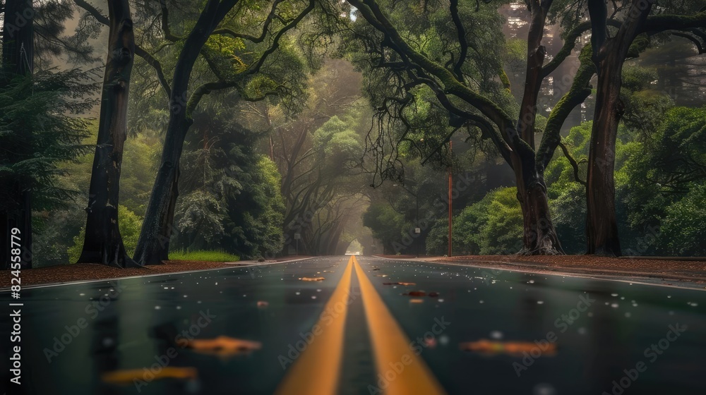 Foggy forest road with autumn leaves, misty atmosphere, and towering trees. Captivating nature scene for serene and peaceful moments. Foggy forest road with autumn leaves, misty atmosphere, and towering trees. Captivating nature scene for serene and peaceful moments.