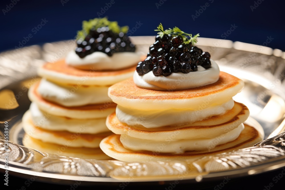 Russian blini topped with sour cream and caviar. Russian blini topped with sour cream and caviar.