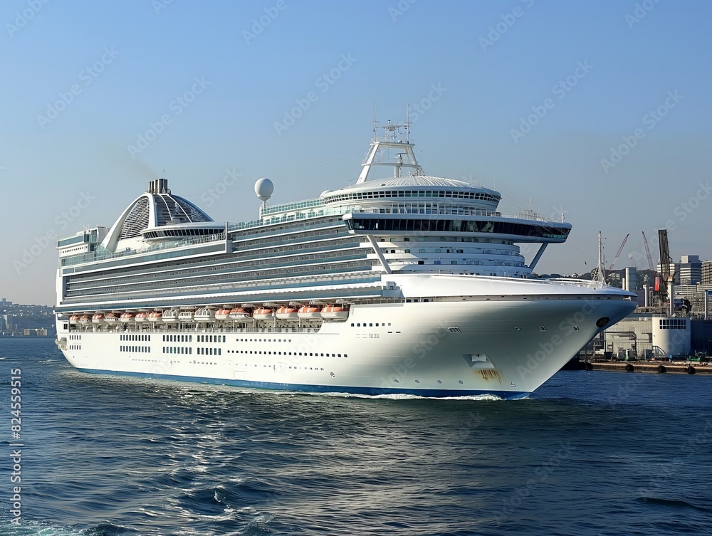 A large, luxurious cruise ship docked in a bustling harbor, ready for its next voyage.