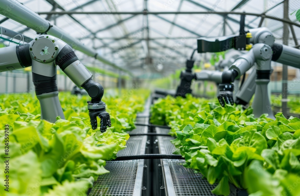 Photo of an aerial view of two robotic arms tending to lettuce plants in an indoor greenhouse Photo of an aerial view of two robotic arms tending to lettuce plants in an indoor greenhouse
