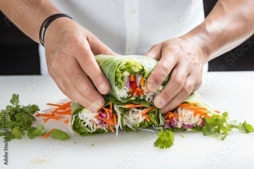 Vietnamese fresh spring rolls being rolled by skilled hands. photo