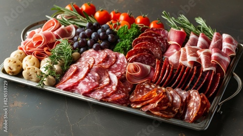 Culinary Elegance  Whimsical Deli Meats on Modern Serving Tray for Gourmet Designs