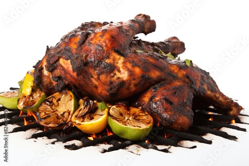 Jamaican jerk chicken on a smoky grill. White background.