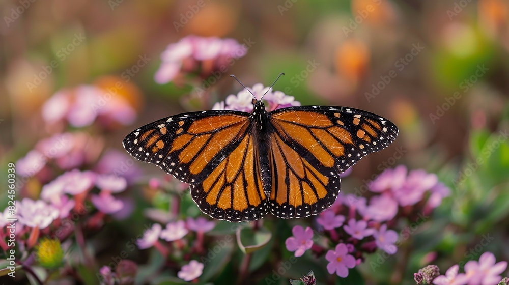 Obraz premium Environmental conservation concept, A butterfly garden in full bloom, showcasing efforts to support pollinators and biodiversity. Realistic Photo,