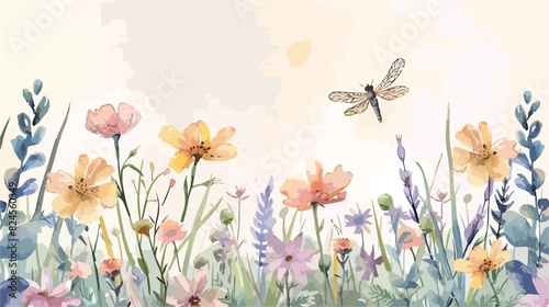 Watercolor wild flowers dragonfly border banner for