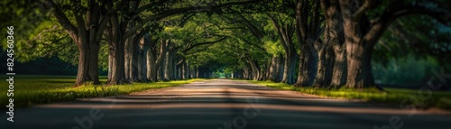 Beautiful tree-lined avenue with lush green foliage creating a scenic and tranquil pathway bathed in natural light. photo