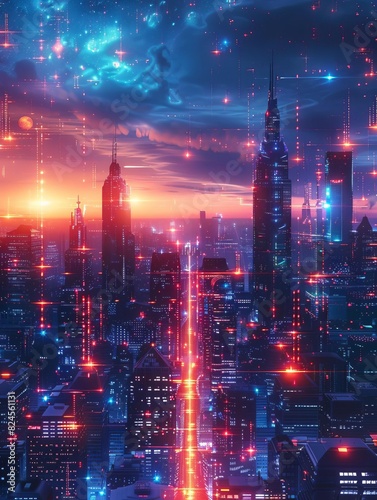 Futuristic cityscape with neon lights at dusk, showcasing tall skyscrapers and a vibrant, digital atmosphere under a mesmerizing sky.