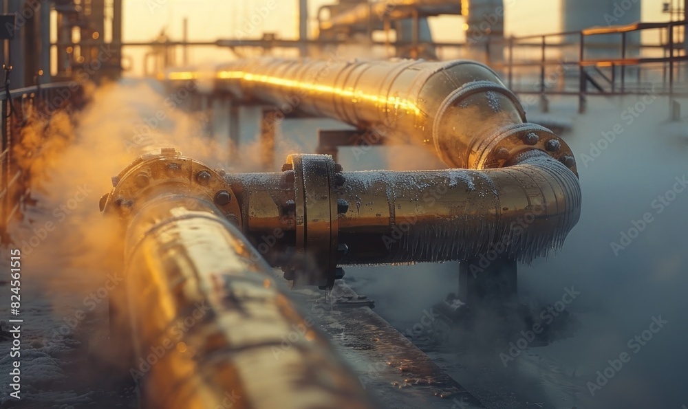 Steam pipes shrouded in haze, exemplifying heating systems and pipelines. Central to heat power engineering and the maintenance of industrial equipment and materials Steam pipes shrouded in haze, exemplifying heating systems and pipelines. Central to heat power engineering and the maintenance of industrial equipment and materials