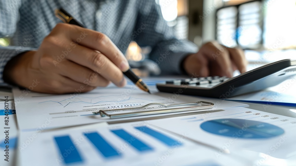 A businessman reviews financial charts and data, using a calculator for calculations. The image evokes concepts of investment, accounting, and strategic decision-making A businessman reviews financial charts and data, using a calculator for calculations. The image evokes concepts of investment, accounting, and strategic decision-making